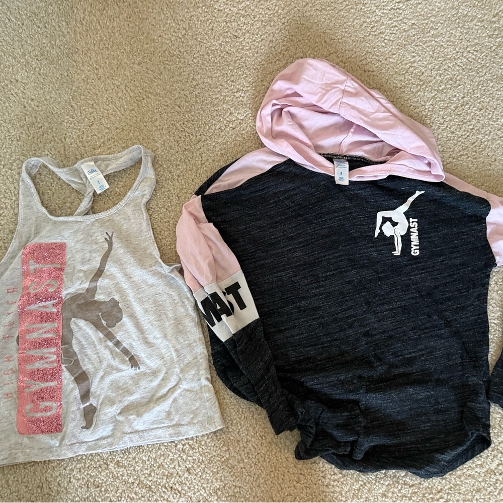 gymnastics shirts: pink and gray hoodie size 8, Grey tank size 7